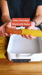 Warm your belly and heart with this easy-to-assemble Sausage Manicotti Bake. Juicy, bubbly, cheesy, what more convincing do you need to make this for your next weeknight dinner? Click the link in @allrecipes bio to get the recipe, or keep reading: Ingredients: 7 links cooked Italian chicken sausage, cut in half lengthwise 8 ounces uncooked manicotti pasta shells 1 (15 ounce) jar prepared Alfredo sauce 8 sticks mozzarella string cheese, pulled in half lengthwise 1 ( 24 ounce) jar prepared marinar