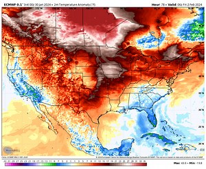 High pressure in the central US means mild temperatures for most of the country this week. The main exception being the southeast, where temps are mostly below average through the week. | WeatherBELL Analytics LLC