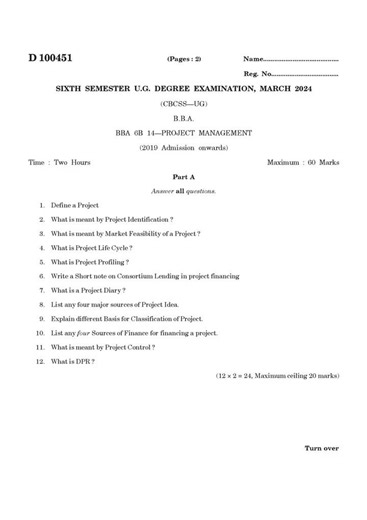 CALICUT UNIVERSITY BBA 6TH SEMESTER PROJECT MANAGEMENT PREVIOUS YEAR QUESTION PAPER 2024