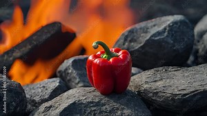 A red pepper is on top of a pile of rocks, with flames surrounding it