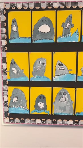 5K views · 42 reactions | Take a peek at my co-workers shark art project! The kids started by drawing their own sharks and then painted them with vibrant colors. After the painting, adults helped by carefully cutting out each shark. The final artworks were placed on bright yellow paper, creating a striking display that celebrates the creativity and effort of our little artists. | Preschool Vibes | Facebook