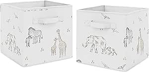 Sweet Jojo Designs Jungle Safari Animals Foldable Fabric Storage Cube Bins Boxes Organizer Toys Baby Taupe Black and White Gender Neutral Elephant Giraffe Wildlife Adventure Zebra Serengeti - Set of 2