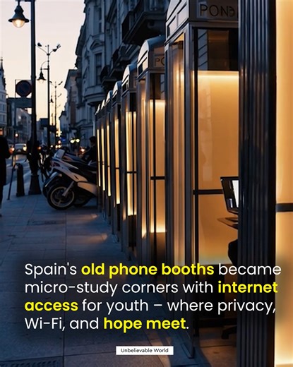 In Spain, the relics of a pre-digital age—old phone booths—are being reborn as tiny sanctuaries of learning. 📚☎️ Across plazas, streets, and neighborhoods, these glass boxes once filled with conversation now hum softly with concentration. Retrofitted with comfortable seating, gentle lighting, USB ports, and free Wi-Fi, they serve as micro study spaces for students who lack quiet or reliable internet access at home. Inside, there’s room for just one—enough for focus, not distraction. Soundproof 