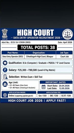 High Court Data Entry Operator Recruitment 2026 🏛️💻The High Court of Chhattisgarh