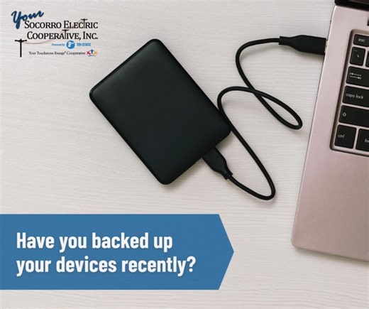 Keep your digital life safe! Be sure to back up everything on your computer and mobile devices. Every few weeks, transfer your contents to secure online storage or an external drive. Better yet, turn on auto-backup so you never forget. Learn more at https://www.staysafeonline.org/articles/backups | Your Socorro Electric Cooperative Inc