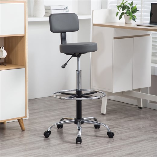 Height Adjustable Drafting Stool and Footrest, Comfortable Faux Leather Stool with Backrest, Rolling Wheels and Footrest, Ideal for Office, Studio, Garage, and Eco-Friendly by Naomi Home - Gray