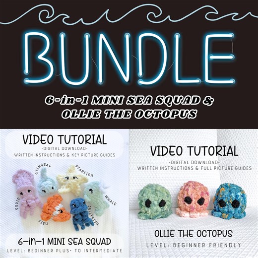 Hand Knit Sea Animals Video Tutorial and Written Pattern, Finger Knit Fish, Squid, Whale, Octopus, Stingray, Jellyfish, Starfish - Etsy Canada