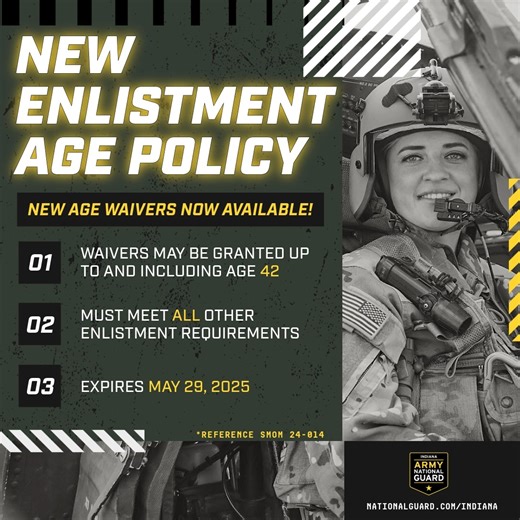 🚨 New Policy Alert 🚨 Age waivers for the Indiana Army National Guard may be granted up to and including age 42!🤘🏻🇺🇸 🔗-https://bit.ly/45IR8n7 #goguard #army #freecollege #america #IndianaArmyNationalGuard | Indiana Army National Guard