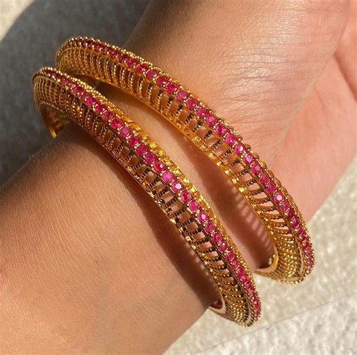 Indian Bangles Pink Ruby Gold Plated Kada Bracelet South Indian Jewelry Temple Bangles Traditional Jewelry Women Golden Bangles Kemp Jewelry - Etsy