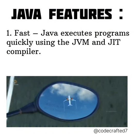 CodeCrafted on Instagram: "Java Features Explained ☕💻 🔹 Fast – Executes efficiently using the JVM and JIT compilation 🔹 Powerful – Rich libraries and frameworks for building complex applications 🔹 Highly Secure – Built-in security with bytecode verification 🔹 High Performance – Optimized execution with multithreading 🔹 Robust – Strong exception handling and automatic memory management …and many more 🚀 Note : Because of these features, top product-based and service-based companies actively