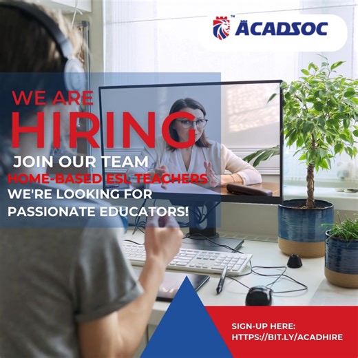 4.9K views · 12 reactions |  We're Hiring!  Ready to elevate your career? Become an ESL tutor with Acadsoc and make an impact!  Requirements: ✅ College degree or higher ✅ Passion for teaching ✅ Excellent English communication skills Don’t miss this incredible opportunity!  Apply today: https://bit.ly/AcadHire | Acadsoc Online English Tutor Club | Facebook