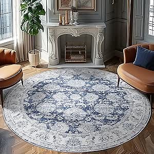 jinchan Fiora Round Rug 7ft, Distressed Vintage Floral Washable Rug with Soft Surface and Non-Slip Backing, for Living Room Dining Room Family Room and Open Living Spaces, Dark Blue
