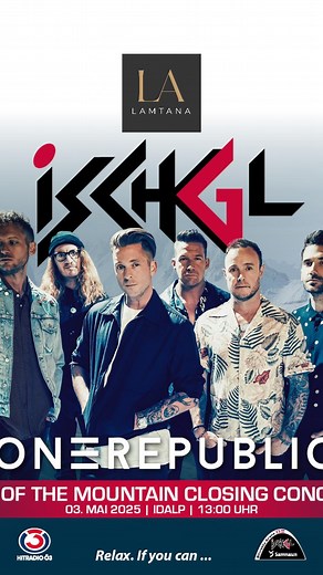 DAS TOP OF THE MOUNTAIN CLOSING CONCERT 2025 MIT ONEREPUBLIC #topofthemountain #ischgl #lamtana #hotel #closingconcert Am 3. Mai 2025 wird Ischgl zum place to be für Musikfans aus aller Welt: OneRepublic, eine der erfolgreichsten Pop-Bands der letzten Jahre, sorgt beim Top of the Mountain Closing Concert für ein stimmungsvolles Finale der Wintersaison. Das Closing Concert ist längst legendär – und 2025 wird es mit dem 30. Jubiläum der Top of the Mountain Konzertreihe besonders gefeiert. Auf der 