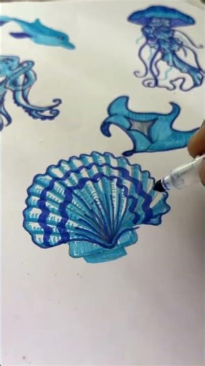 Seashell Watercolor Painting by Using Only One Color 🪼🌊 #viral #painting #blue #painting #shorts