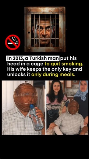 A Turkish man locked his head in a cage to quit smoking, with his wife holding the only key—opened only during meals. . . . . . . . #QuitSmoking #NoSmoking #SmokingCessation #Inspiration #HealthGoals #Determination #SmokeFreeLife #SupportSystem #ToughLove #HealthyChoices | Iit Walla Harsh