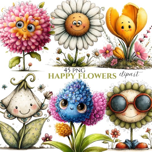 Whimsical Flower Clipart: Flower Spring Graphics (digital Download 45 PNG) - Etsy UK