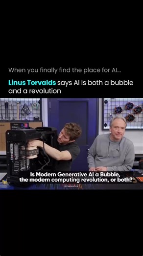 AI Tools & News | Business | Technology on Instagram: "Linus Torvalds sees the AI boom as both overhyped and inevitable, a contradiction that actually reflects how the industry works. On one hand, he believes the marketing frenzy around AI is unsustainable and will trigger a correction. But underneath the bubble, he sees a real shift in how skilled work gets done, especially in software. AI can help beginners move faster, but it also creates code that’s hard to maintain, version, or debug at sca