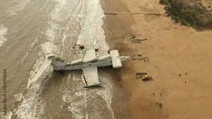 Lun-class ekranoplan, a formerly top-secret Soviet naval vessel. Giant flying ship on the coast of the Caspian Sea. Russia, Dagestan.