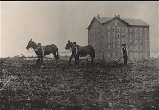 “Founded in 1855 to advance agrarian values and improve farming, Penn State University began its life as the Farmers" High School of Pennsylvania. The nation's third agricultural college, it was called a "high school" to disarm working farmers" suspicion of higher education.” | Centre History Colorized