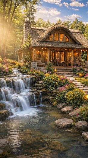 The Most Stunning Rustic Cabin that feels like nature built it.🏡🥀 Are you choosing the candlelit spa bathroom, or the fireplace lounge first? Rustic log cabin interior with exposed wood beams and a stone fireplace, featuring a sculptural live-edge wood coffee table; cozy bedroom with vaulted timber ceiling, fireplace, neutral bedding, and large window; spa bathroom with stone walls, lantern sconces, double vessel sinks on a natural wood vanity, and glass walk-in shower; exterior shows a warm-l