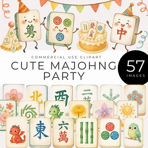Mahjong Party Watercolor Clipart, Instant Download, Cute Mahjong-inspired Tiles, Banners, Dragons, Flowers & Decor, Kawaii Game Invites, PNG - Etsy