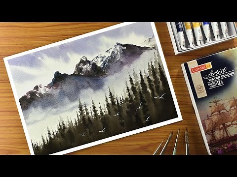Watercolor painting for beginners | Easy watercolor mountains landscape tutorial