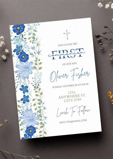 First Holy Communion Invitation Blue Watercolor Floral, Boys Communion Invite, Editable Canva Template - Etsy