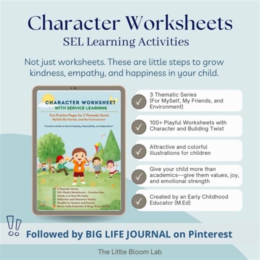Character Worksheets with Service Learning | SEL & Values Activities for Kids (M