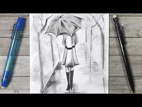 DESSINER UNE FEMME AVEC UN PARAPLUIE SOUS LA PLUIE - TUTO DESSIN