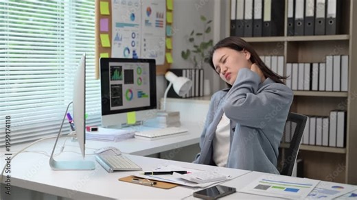 A woman is sitting at a desk with a computer monitor and keyboard in front of her. She is wearing a suit and she is working on a project