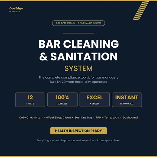 Bar Cleaning Schedule & Sanitation System | Daily Weekly Checklist | Beer Line Log PPM Temp | Excel Google Sheets Template - Etsy