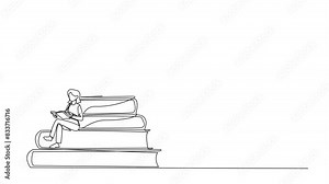Animated self drawing of single line drawing man woman sitting on a pile of books reading book. High interest in reading. Opening horizons of thinking. Book festival. Full length single line animation