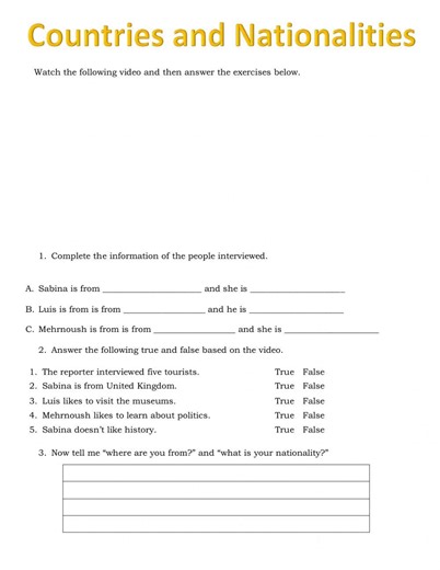 Countries and Nationalities online worksheet for Beginner