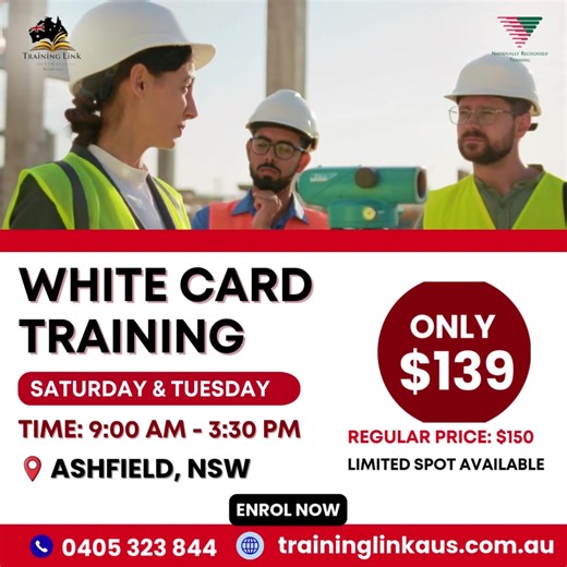🚨 WHITE CARD TRAINING – LIMITED PRICE OFFER 🚨 Planning to work in construction? A White Card is mandatory to enter any construction site in Australia. 💥 SPECIAL PRICE: ONLY $139 (Regular price $150) ⚠ Only 20 seats available at this discounted price! 📅 Upcoming Training: 14 & 17 March - Saturday & Tuesday ⏰ Time: 9:00 AM – 3:30 PM 📍 Location: Ashfield, NSW ✔ Nationally Recognised Training ✔ Same-Day Certificate ✔ Get Job-Ready Faster ⏳ Seats are limited and usually fill quickly. 👉 Secure y