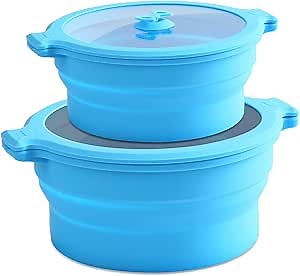 Collapsible Silicone Microwave Cookware Cooker Steamer for Cooking with Lids, 0.8L and 1.4L Glass Food Storage Container Sealed Bowl Mixing Bowls 2pc Set BPA Free