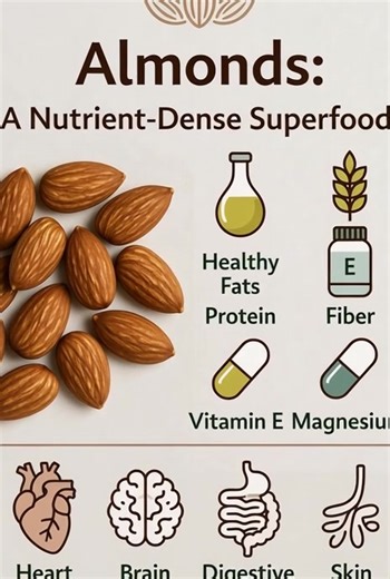 🌰 Almonds: A Nutrient-Dense Superfood Almonds are one of the most nutrient-packed nuts available, earning their reputation as a true superfood. Small in size but powerful in nutrition, almonds support heart health, blood sugar balance, brain function, skin health, and overall metabolic wellness. | Health Awareness