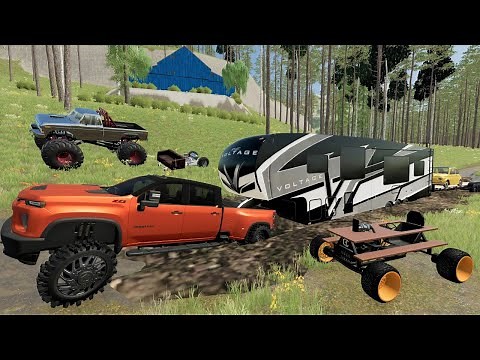 Camping with Monster Trucks on muddy mountain | Farming Simulator 22
