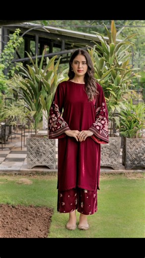 Urge Pret ZOHRA – Ready-to-Wear 2PC Velvet Suit Color: Maroon Fabric: Velvet Micro 9000 Pieces: 2 (Straight cut kurta & matching loose trousers) Fit: Loose fit Season: Winter wear Features: Embroidered sleeves and trouser details, elegant & comfortable Express Delivery: Ships by Nov 26, 2025 Return Policy: Easy 14 days return for size exchange Order via WhatsApp: Click to chat --- If you want, I can make 5 more catchy variations of this short description specifically for social media or e-commer