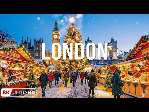 Christmas in London 8K 🎄✨ Festive City Lights, Snowy Streets & Magical British Winter