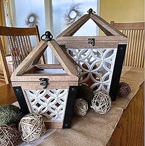 Autumn Alley Large Wooden Candle Lantern - Decorative Lantern, Set of 2 - Decorative Candle Lanterns - Wooden Wedding Lantern Centerpieces for Tables, Fireplace, Table Centerpiece Decor, Brown