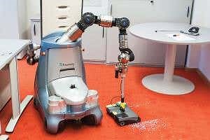 Robot cleaner can empty bins and sweep floors