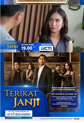 Davina mendapatkan posisi yang lebih tinggi dari sebelumnya untuk pimpin Kusuma Food! Congrats Love 💙 Terus gimana sama Sena ya, apakah dia benar-benar ngga bisa injakkan kaki lagi di Kusuma Food? Saksikan Terikat Janji SETIAP HARI pukul 19.00 WIB eksklusif di RCTI RCTI Hadir di CHANNEL 28, ikuti cara mudahnya: * Aktifkan LCN lalu scan ulang STB Kamu * Scan otomatis TV Digital Apabila masih bermasalah dengan siaran @officialrcti ditempat kamu? Silahkan cek link berikut ya ⬇️⬇️⬇️ https://bit.ly/