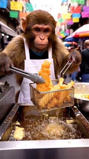 Street Food: A Baby Monkey selling Fish and Chips (British Classic) at Mexico City Street Corner
