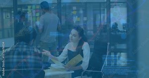 Woman sorting yellow folder handing it during tech planning with code overlay showing stickynotes Stock Video