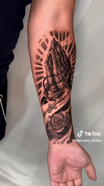 Praying Hands Tattoo Design with Rose and Cross