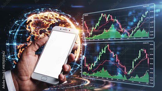 Hand holding smartphone with blank screen against futuristic global data visualization and stock market charts