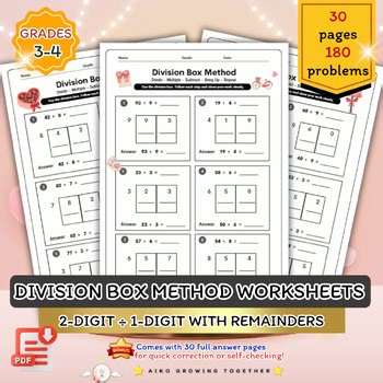 Valentine’s Day Box Method Division Worksheets 2-Digit ÷ 1-Digit with Remainder