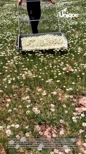 Chamomile harvest: harvesting chamomile flowers with a push cart