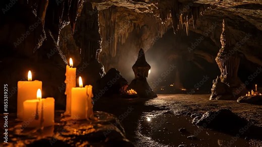 Candles illuminate mysterious cave formations and dripping stalactites creating an atmospheric and ancient ambiance