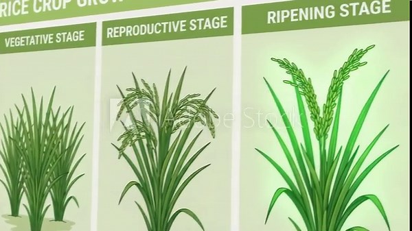 Rice plant growth stages infographic showing the evolution from seedling, through vegetative and reproductive phases, to the final ripening and harvest-ready panicle